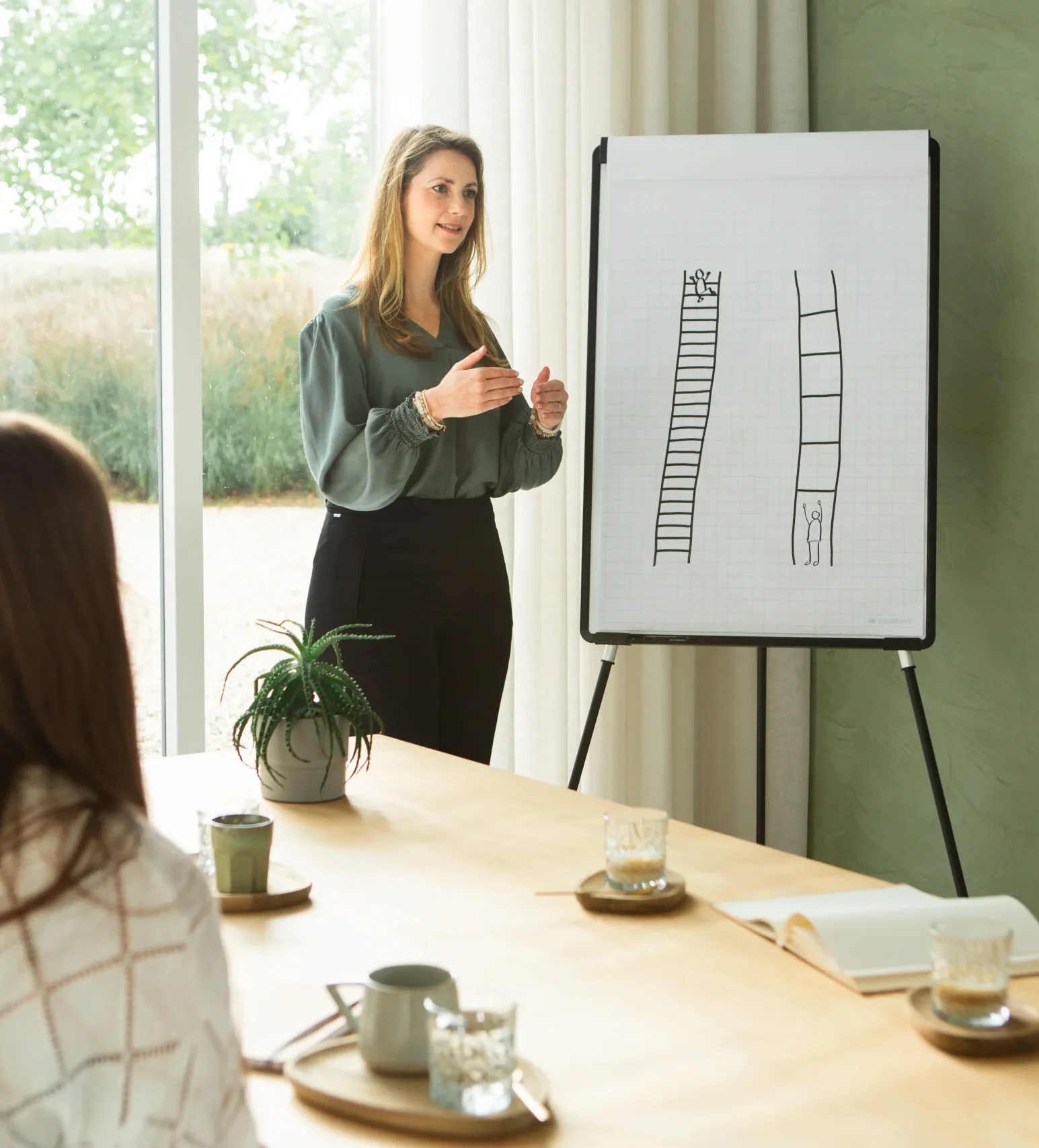 Visuele uitleg van "systematisch kijken" met een schema van ladders op een flip-over, tijdens een workshop voor teams.